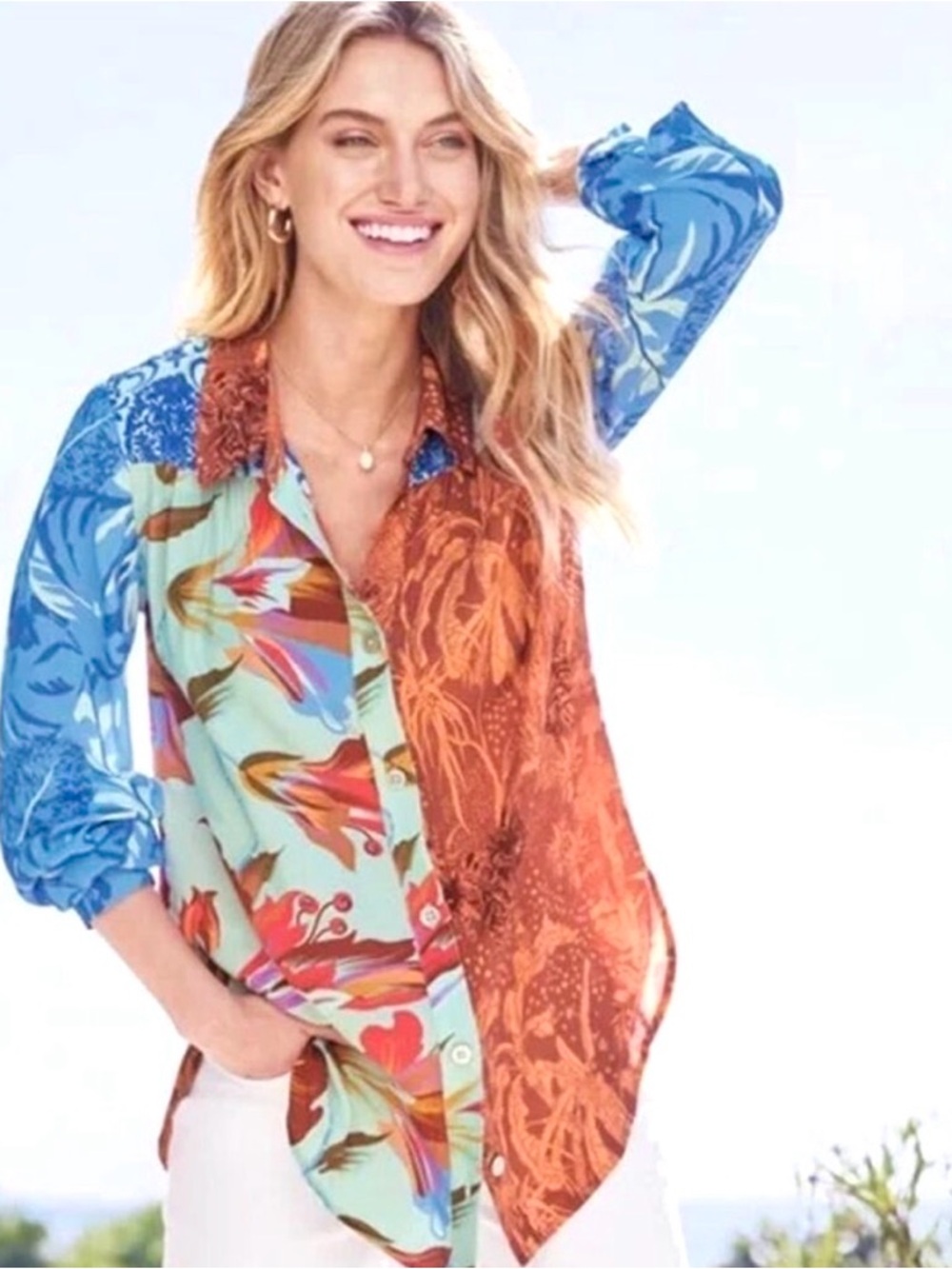 Soft Surroundings Hermosa Mixed Print Long Sleeve Tunic Blouse Size Large